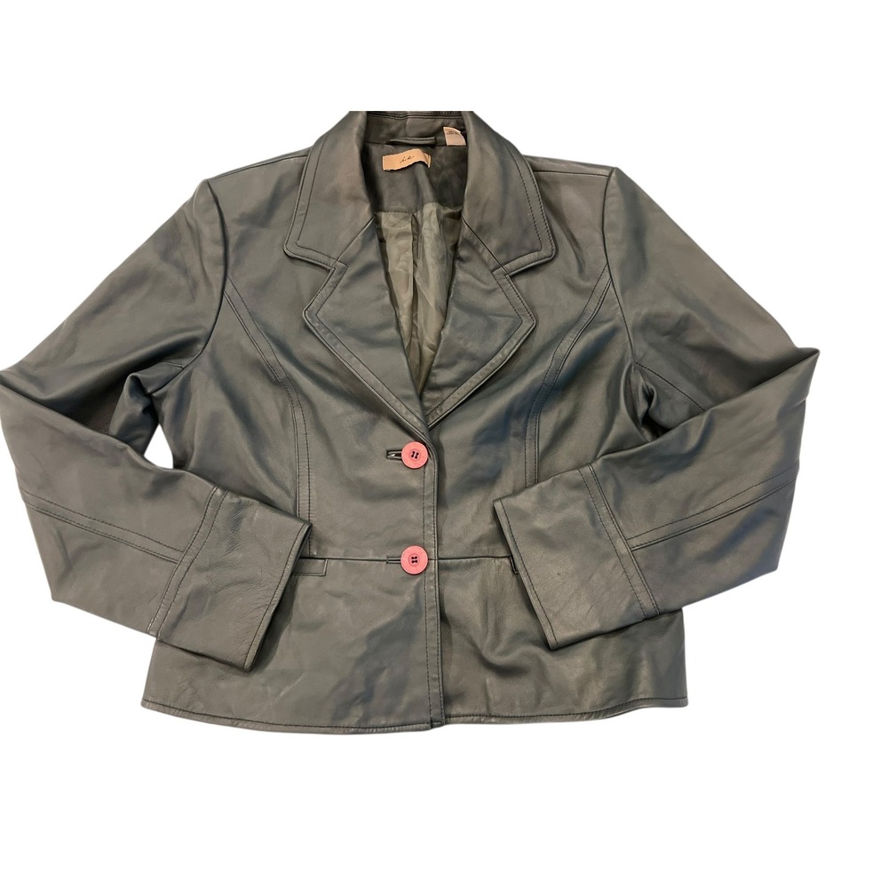 Vintage Dark Green Leather Jacket‎ Button Front Fitted Lined Cropped I.E. Y2K